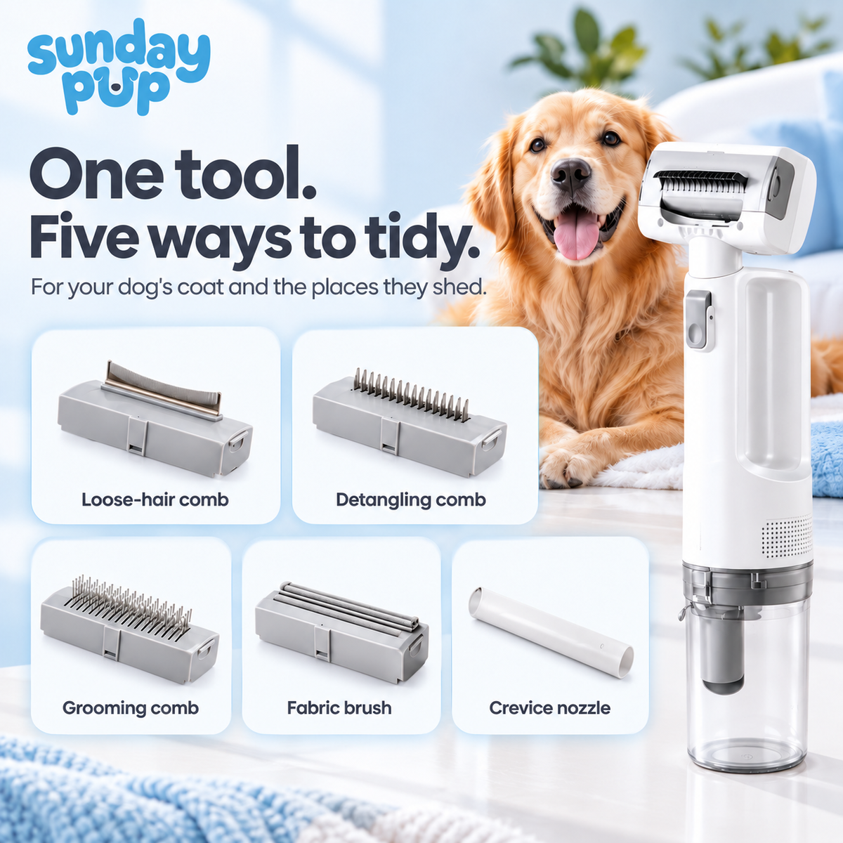 Five labelled grooming and cleaning attachments