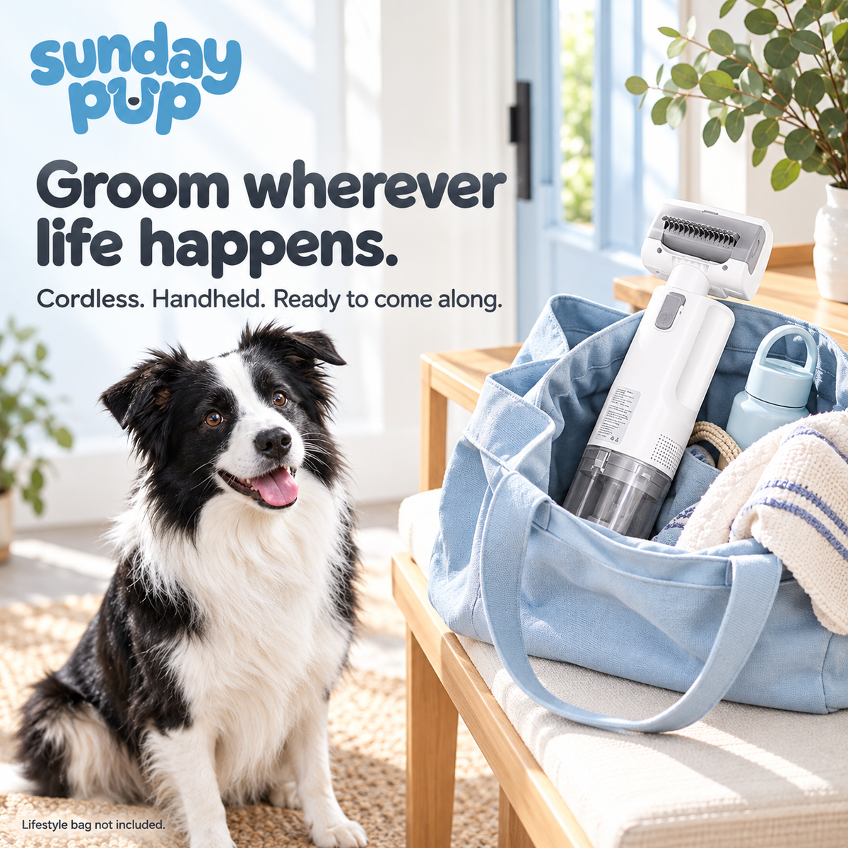 Sunday Pup vacuum in a bag beside a border collie