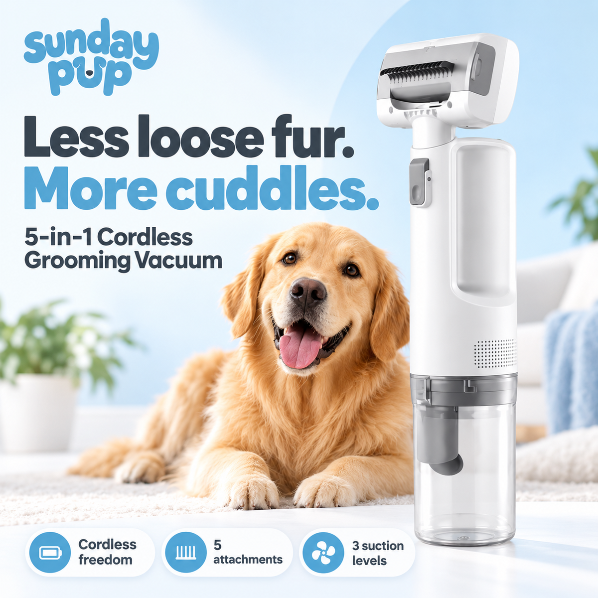 Sunday Pup cordless grooming vacuum and golden retriever